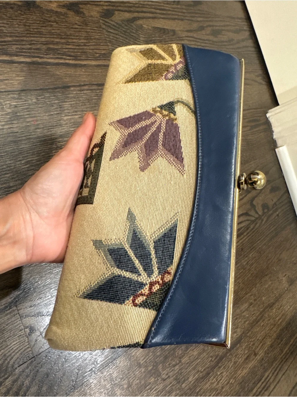 Vintage Floral Tapestry & Blue Leather Clutch Purse